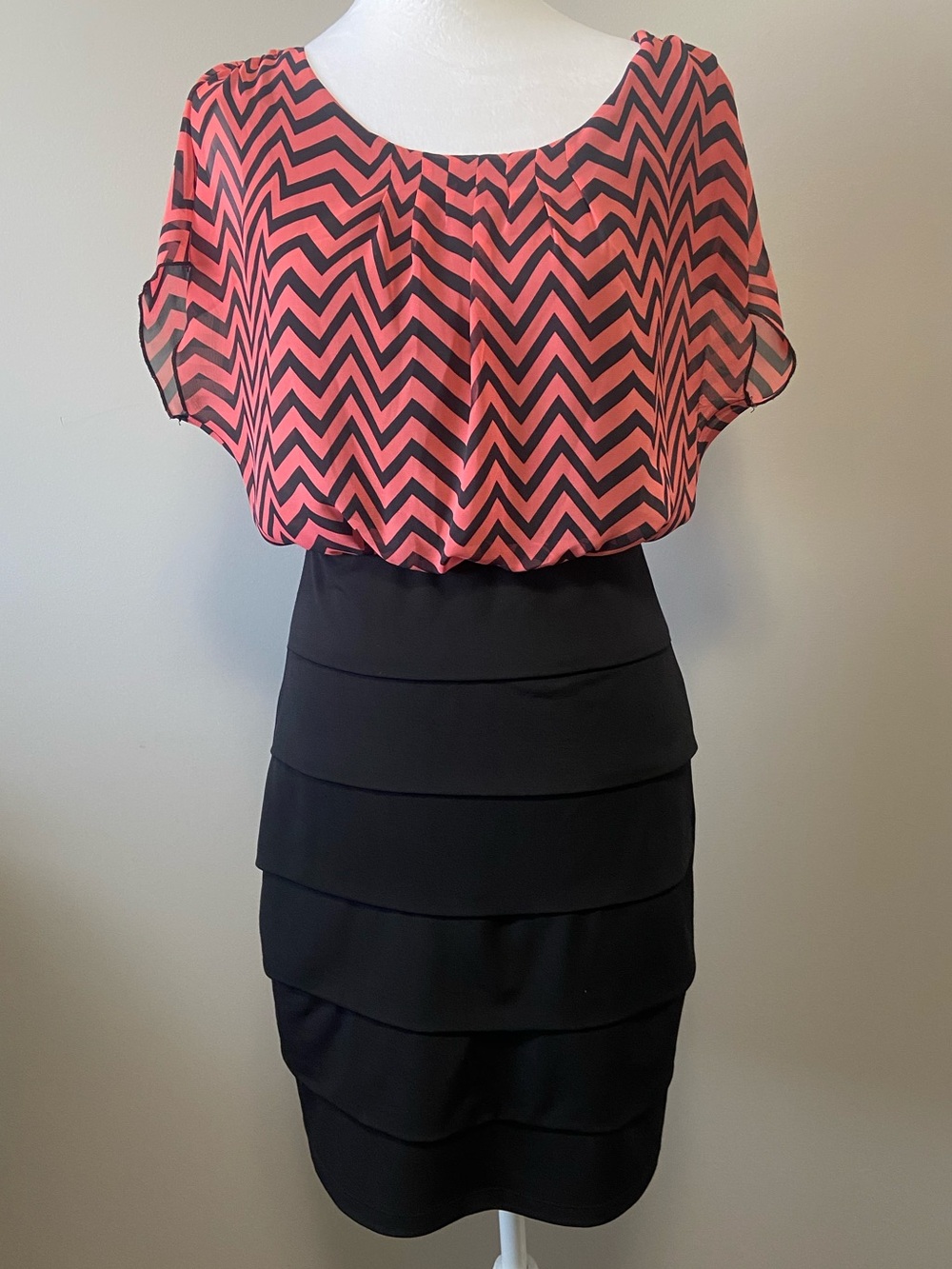 Enfocus Studio Coral Chevron Blouse with Black Tiered Pencil Skirt